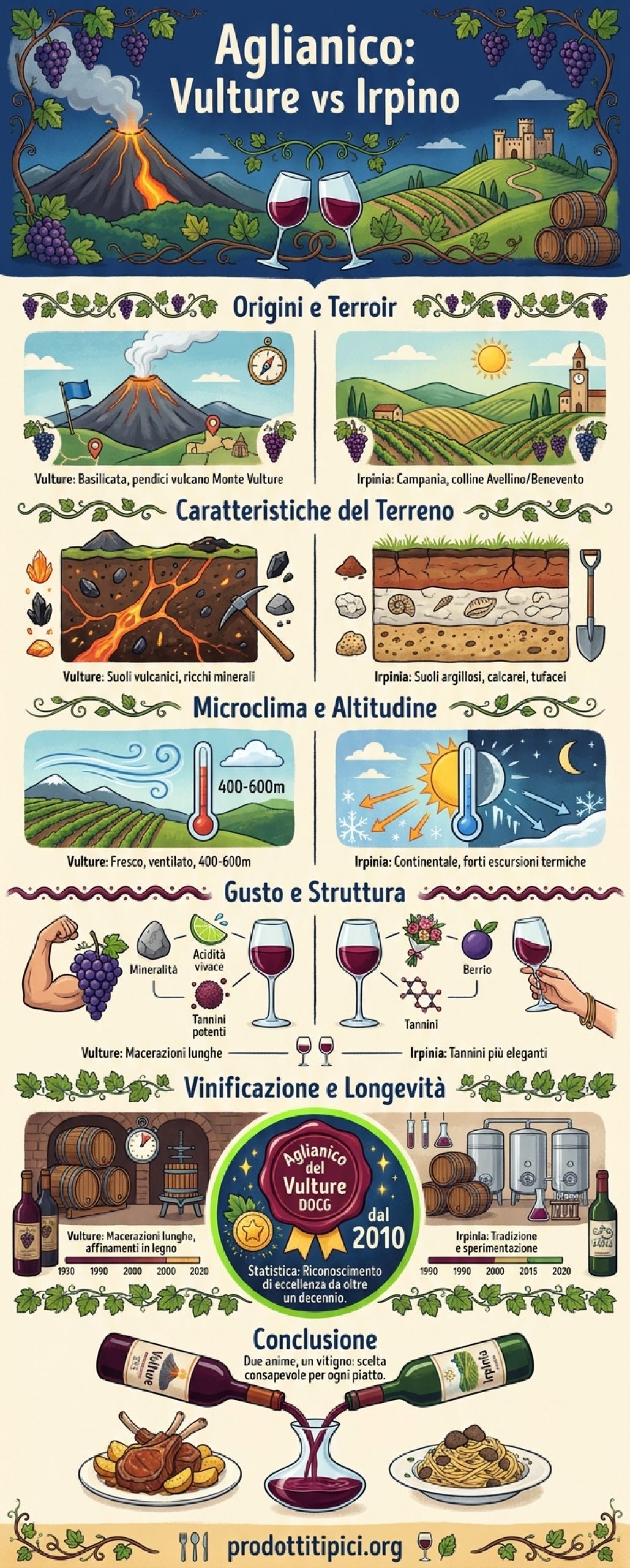 Infografica Aglianico del Vulture e Irpino: differenze, gusto, abbinamenti
