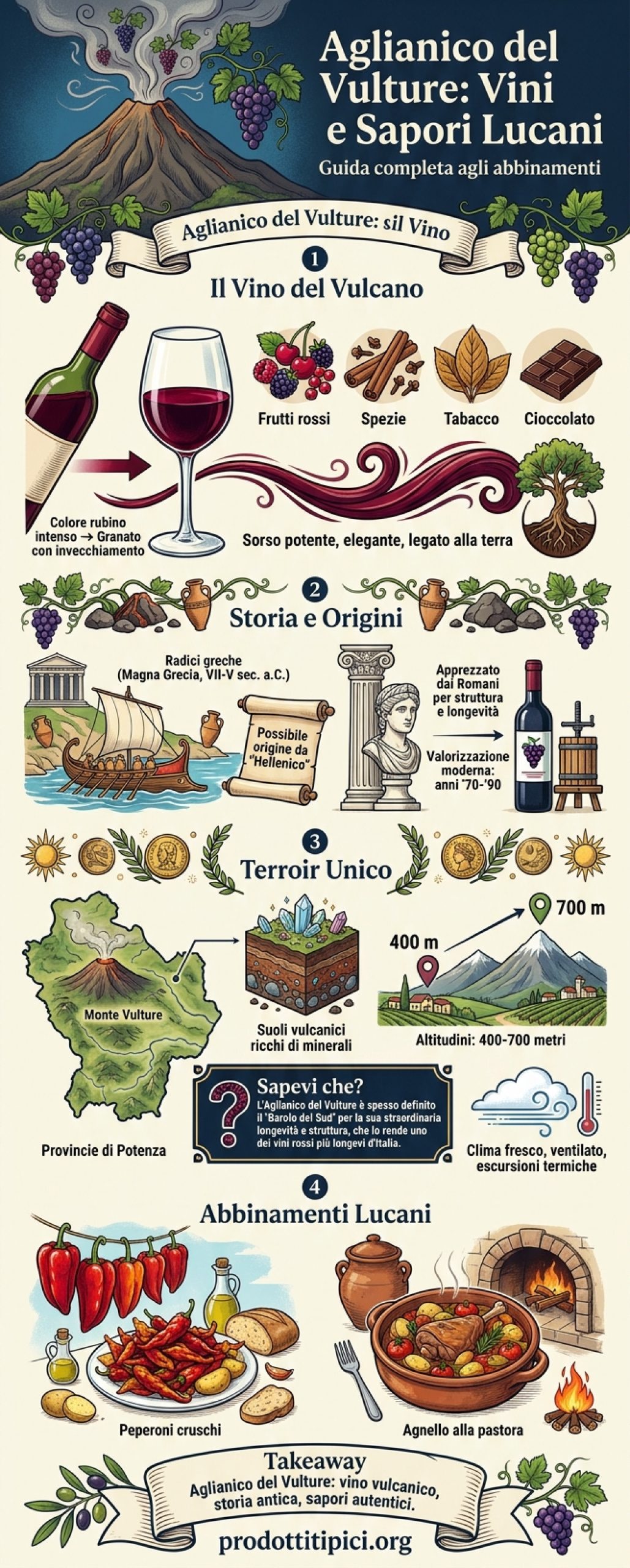 Infografica Aglianico del Vulture e sapori lucani: guida completa agli abbinamenti