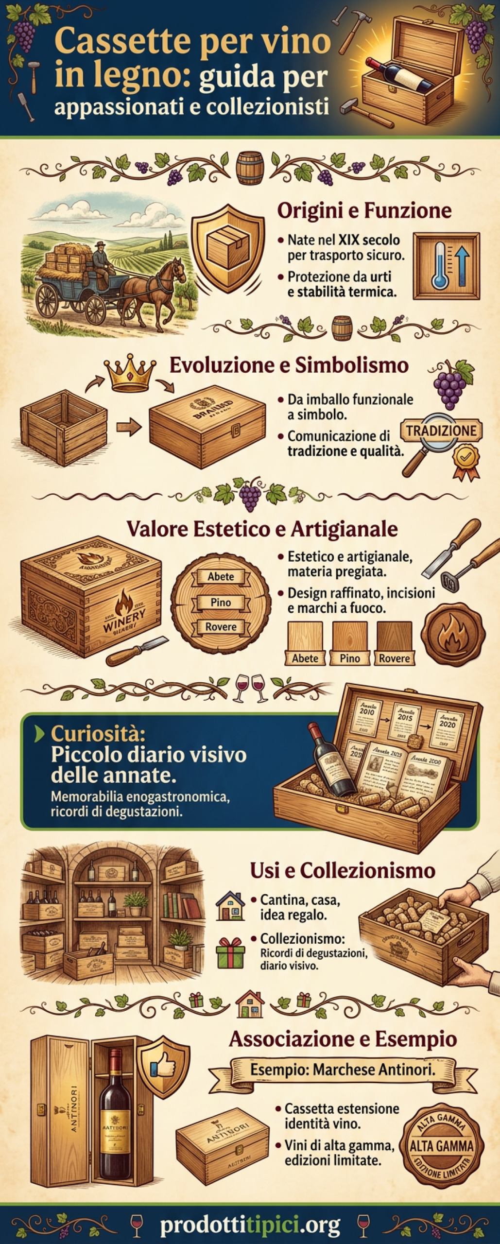 Infografica Cassette per vino in legno: guida per appassionati e collezionisti