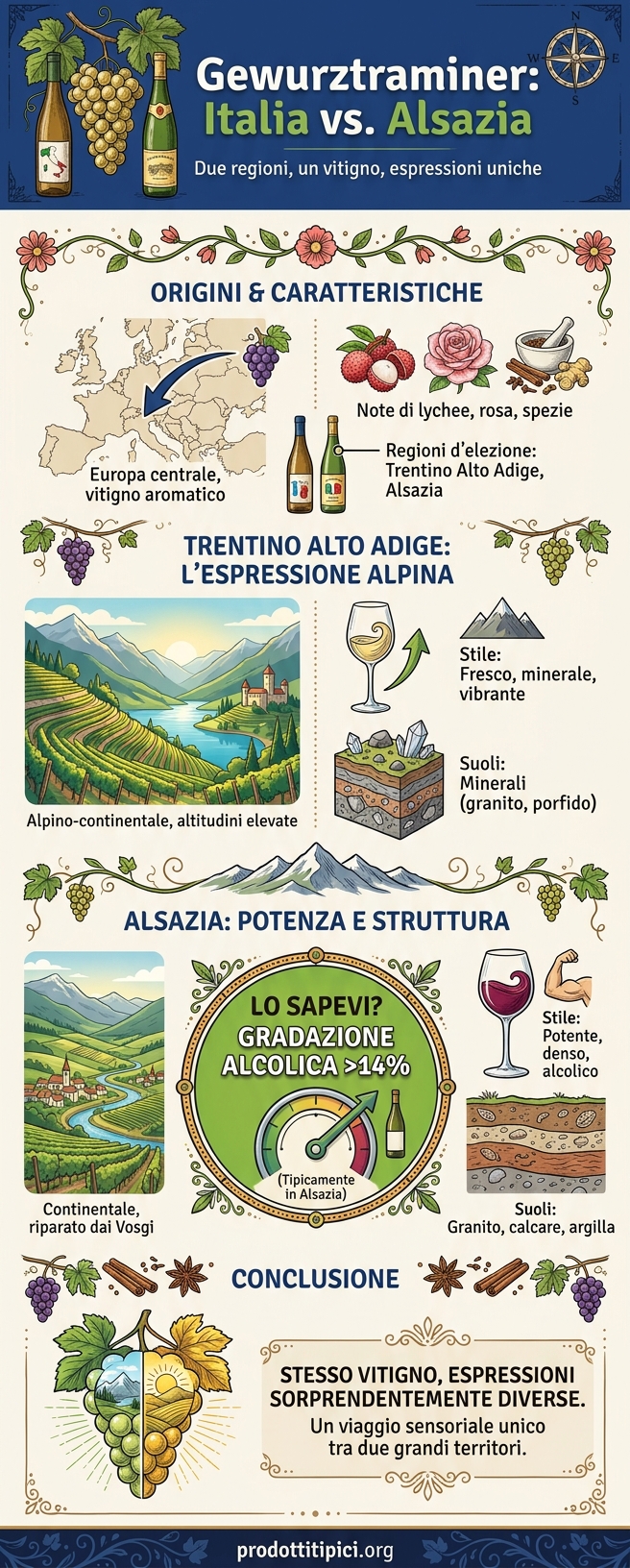 Infografica Gewurztraminer: confronto tra Trentino Alto Adige e Alsazia