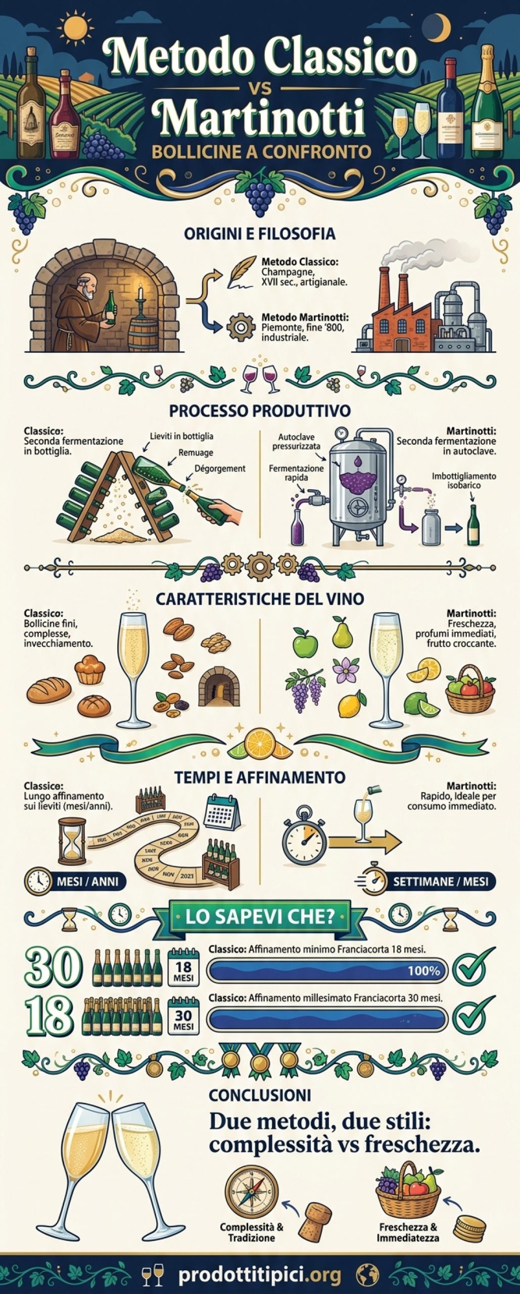 Infografica Metodo Classico e Martinotti: differenze, gusto e abbinamenti