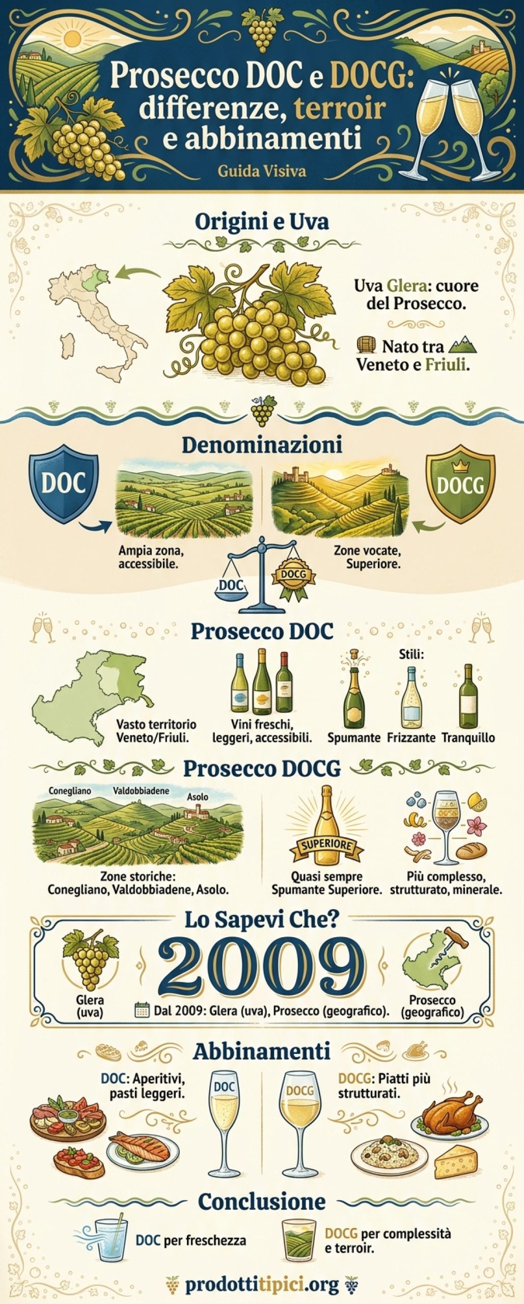 Infografica Prosecco DOC e DOCG: differenze, terroir e abbinamenti
