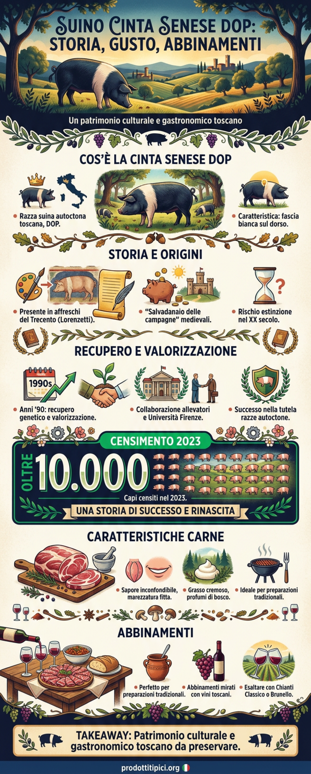 Infografica Suino Cinta Senese DOP: storia, gusto e abbinamenti vino