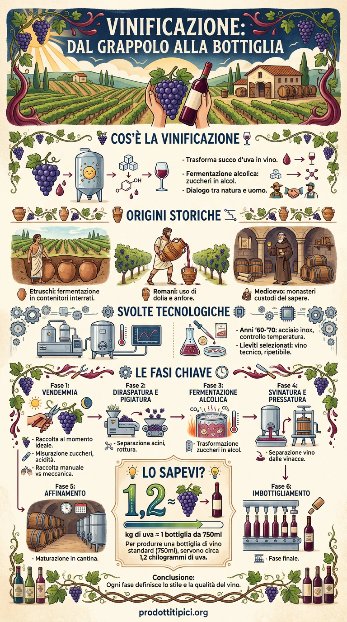 Infografica Vinificazione: tutte le fasi dal grappolo alla bottiglia