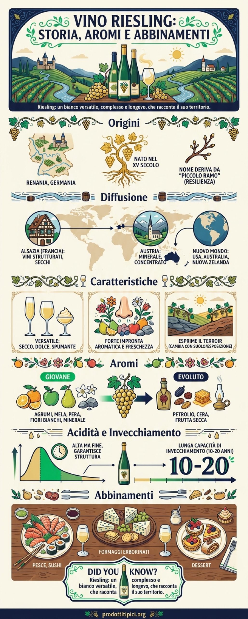 Infografica Vino Riesling: storia, aromi e abbinamenti gastronomici